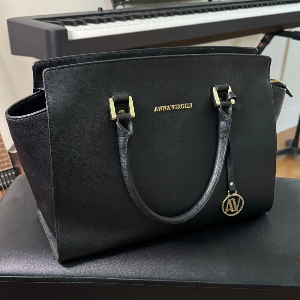 Black Leather Tote Bag with Gold Accent